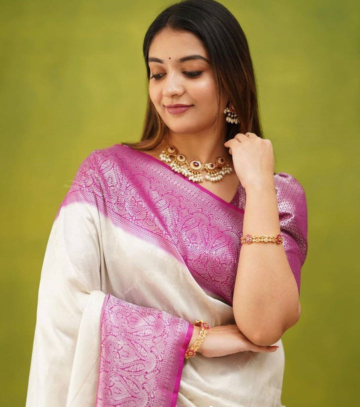 Elegant White and Pink Silk Saree with Intricate Banarasi Border