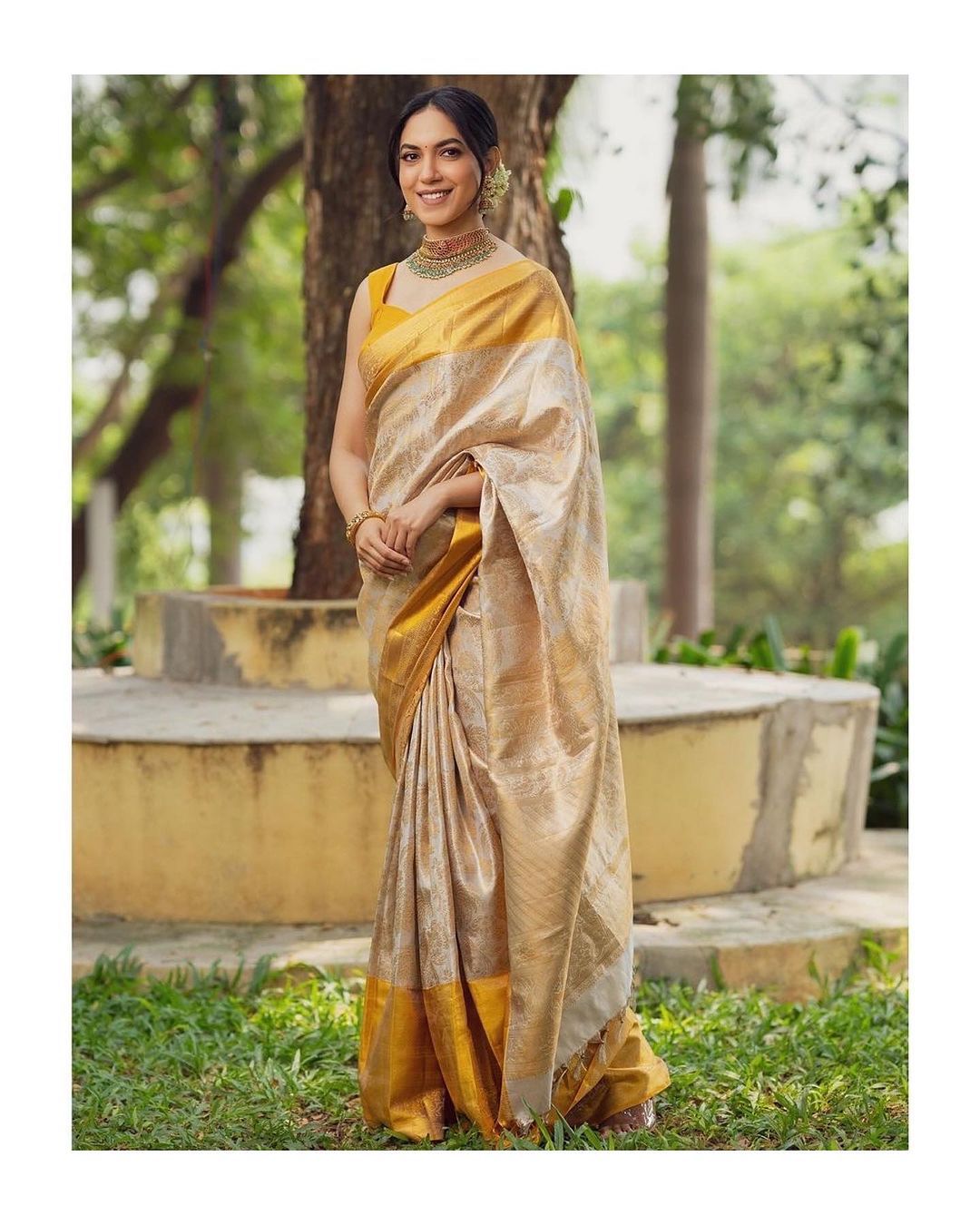 Cream Soft Lichi Silk Saree