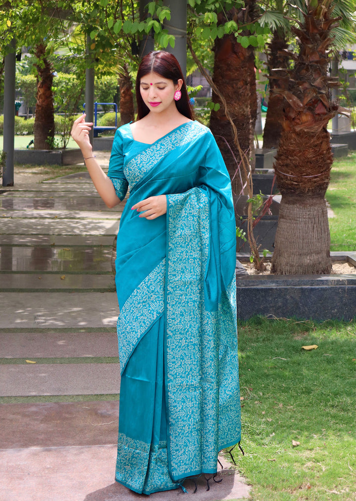 Banglori Handloom Raw Silk Firozi Saree