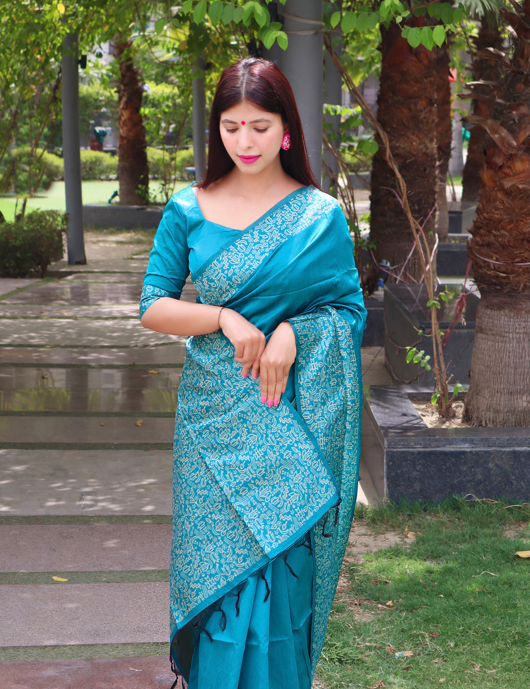 Banglori Handloom Raw Silk Firozi Saree