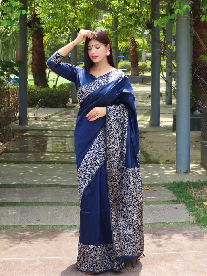 Banglori Handloom Raw Silk Navy Blue Saree