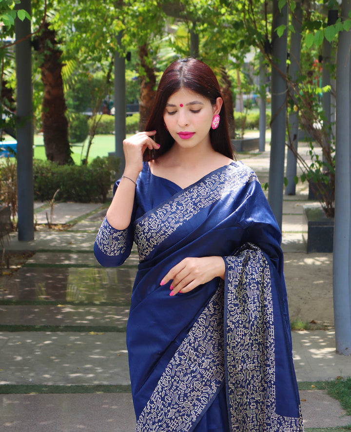 Banglori Handloom Raw Silk Navy Blue Saree