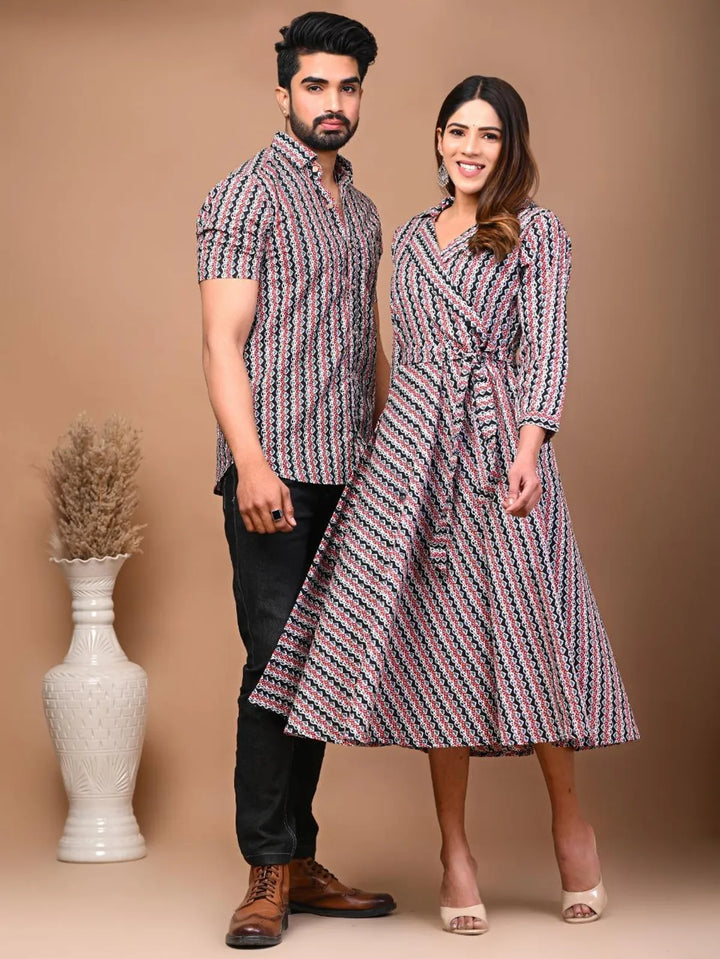 Designer Umbrella Cut Frock And Men Shirts Pure Cotton  Printed Couple Combo Set