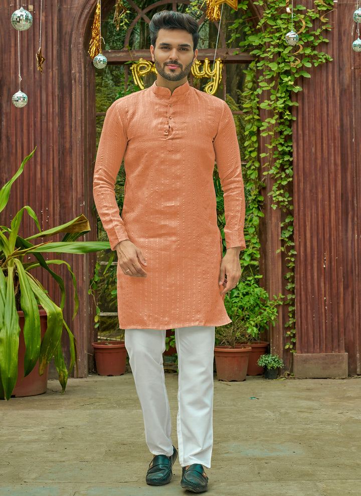 Stylish Men Zari Silk Peach Kurta with Pajama