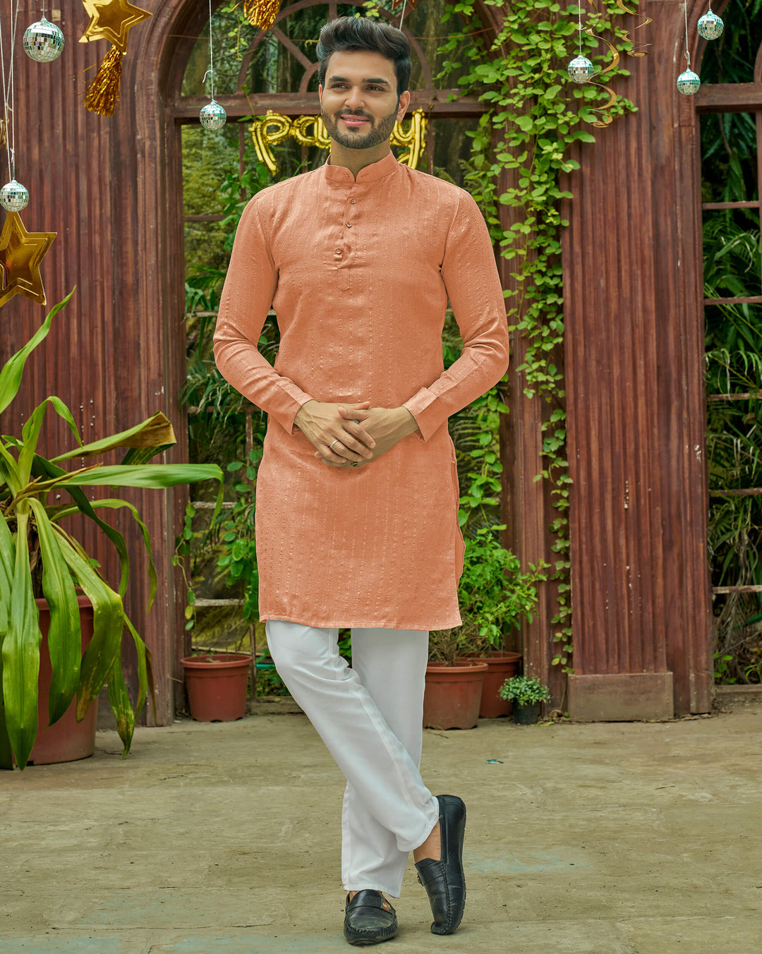 Stylish Men Zari Silk Peach Kurta with Pajama