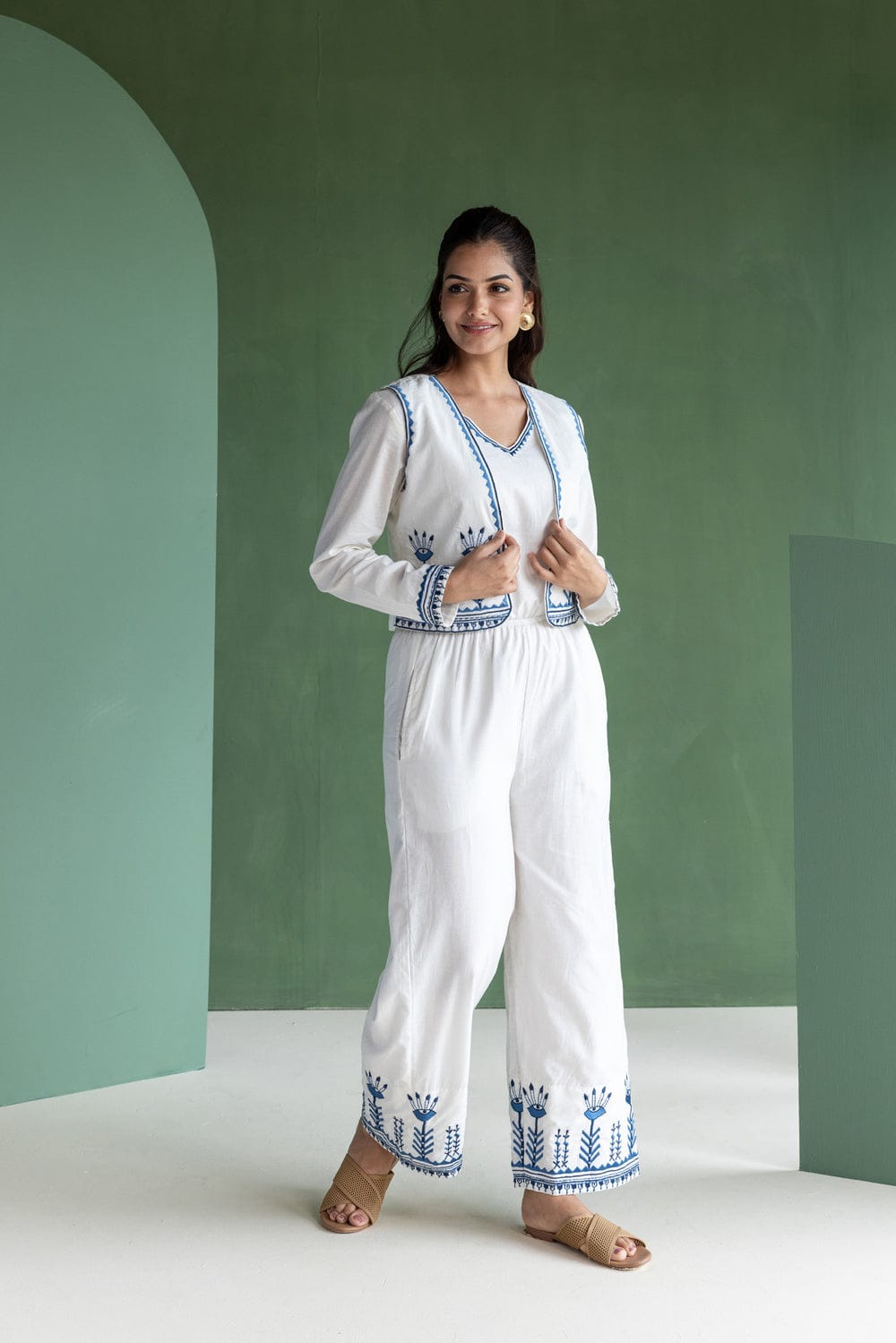 White Printed Jump suit with Crop Jacket and shirt Couple Combo set