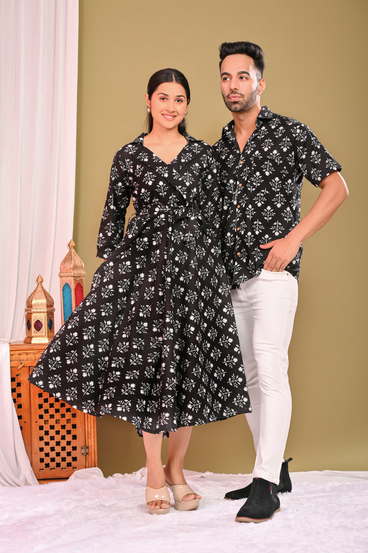 Designer Umbrella Cut Frock And Men Shirts Pure Cotton Black Printed Couple Combo Set