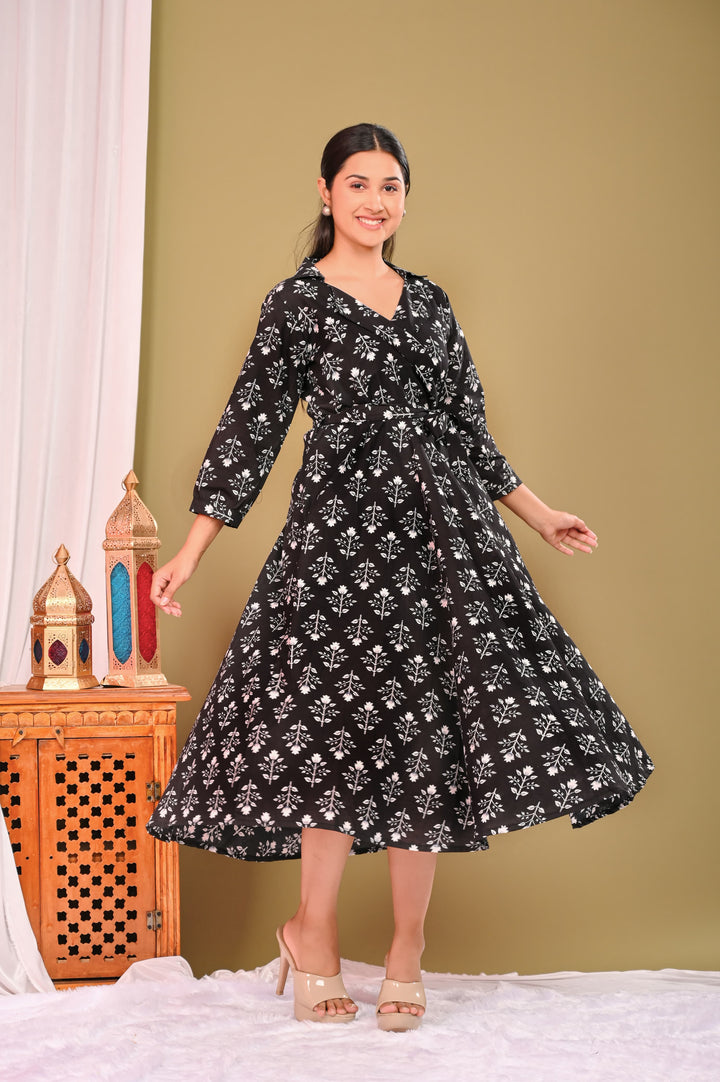 Designer Umbrella Cut Frock And Men Shirts Pure Cotton Black Printed Couple Combo Set