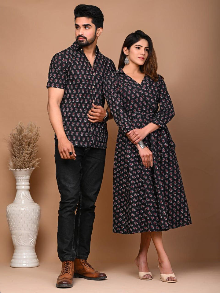 Designer Umbrella Cut Frock And Men Shirts Pure Cotton Blue Printed Couple Combo Set