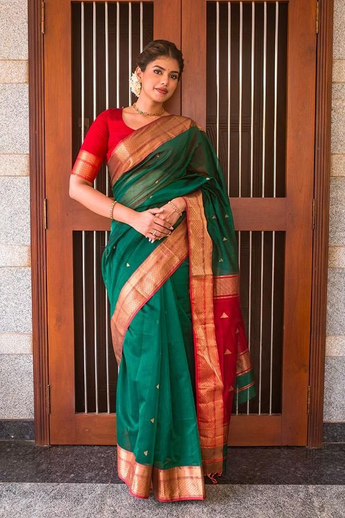 Dark Green & Red Soft Lichi Silk Saree