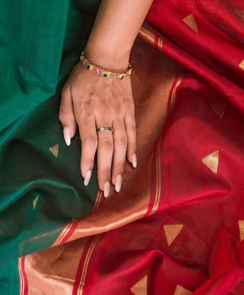 Dark Green & Red Soft Lichi Silk Saree