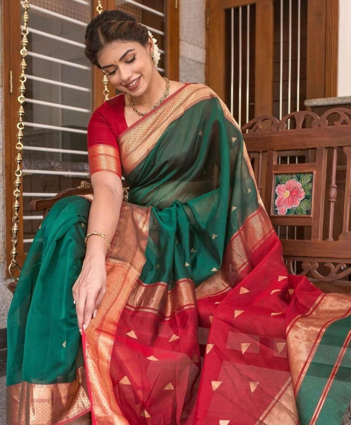 Dark Green & Red Soft Lichi Silk Saree