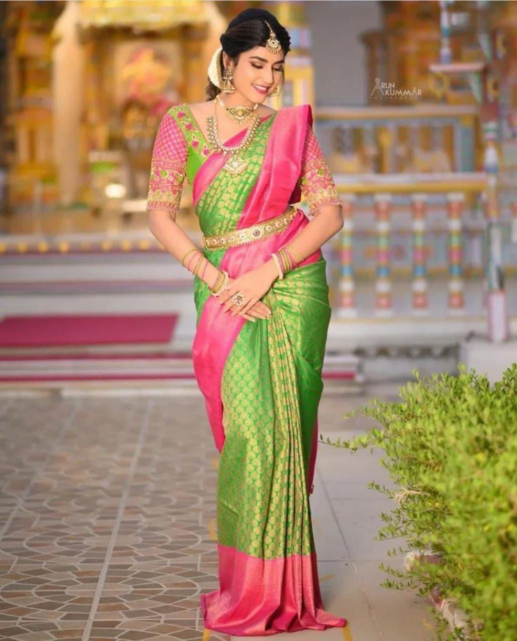 Parrot Green Lichi Soft Silk Saree