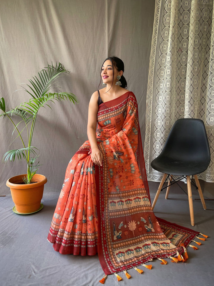 Elegant Kalamkari Pure Malai Cotton Orange Saree