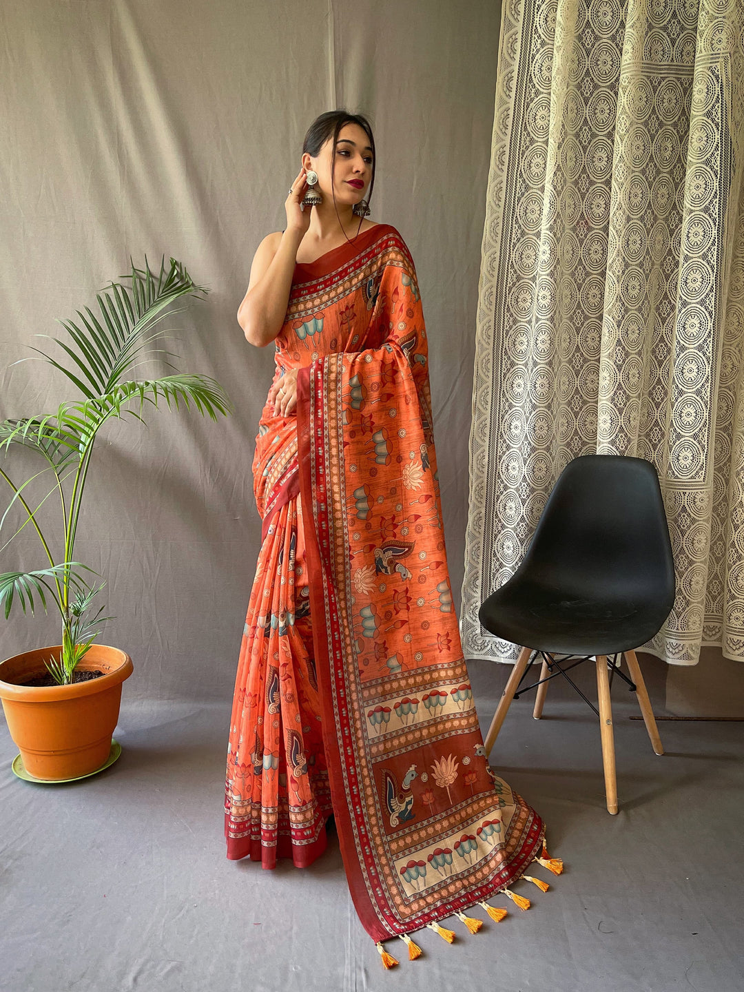 Elegant Kalamkari Pure Malai Cotton Orange Saree