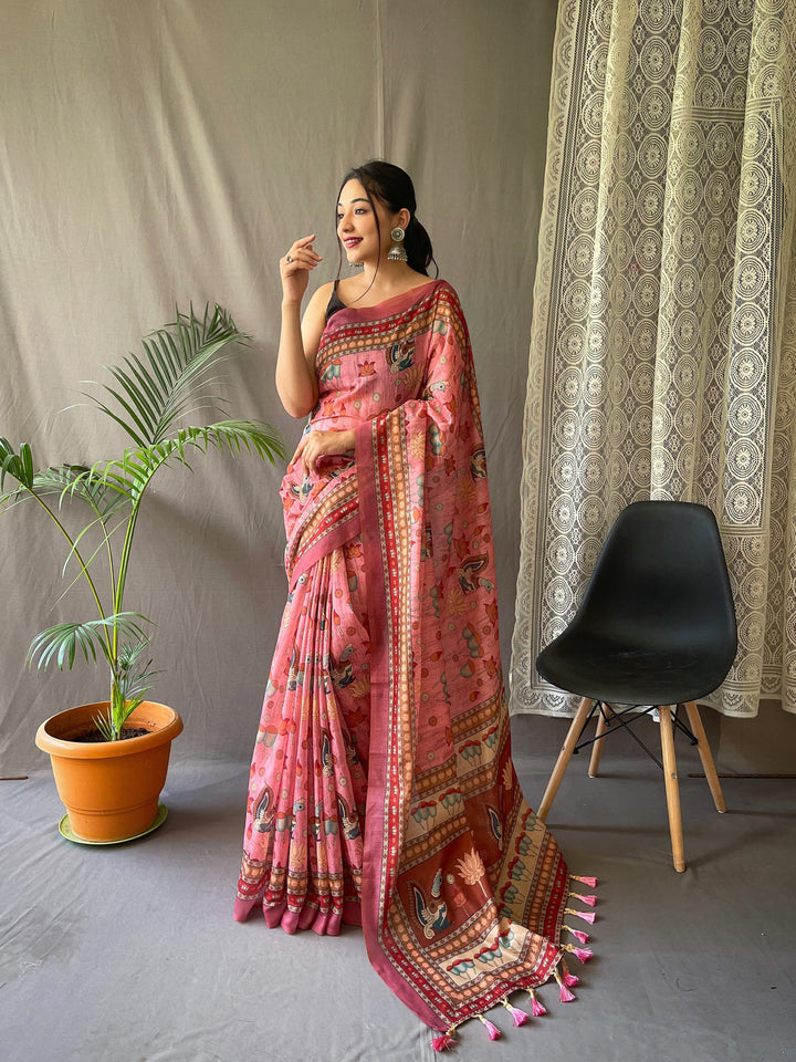 Elegant Kalamkari Pure Malai Cotton Pink Saree