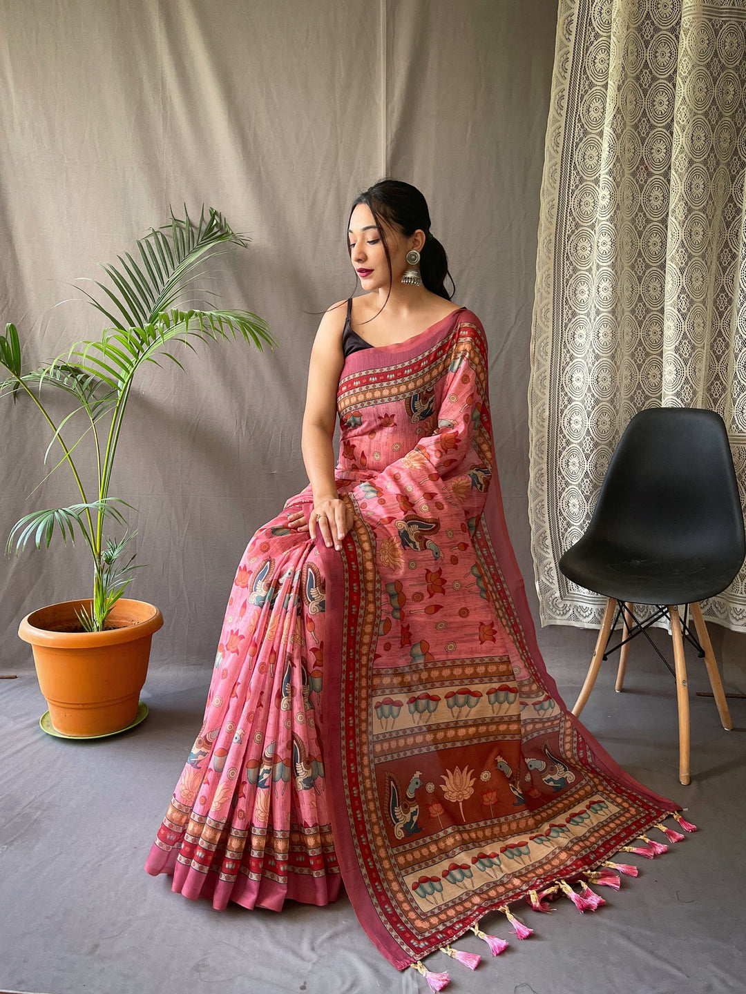 Elegant Kalamkari Pure Malai Cotton Pink Saree