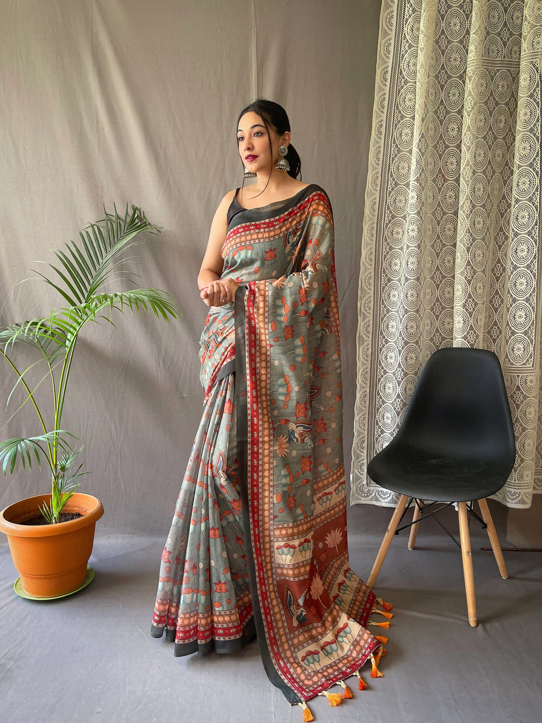 Elegant Kalamkari Pure Malai Cotton Gray Saree