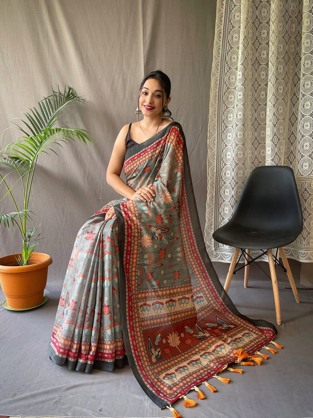 Elegant Kalamkari Pure Malai Cotton Gray Saree