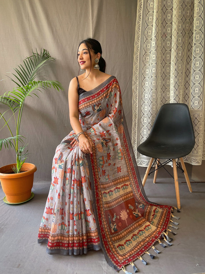 Elegant Kalamkari Pure Malai Cotton Gray Saree