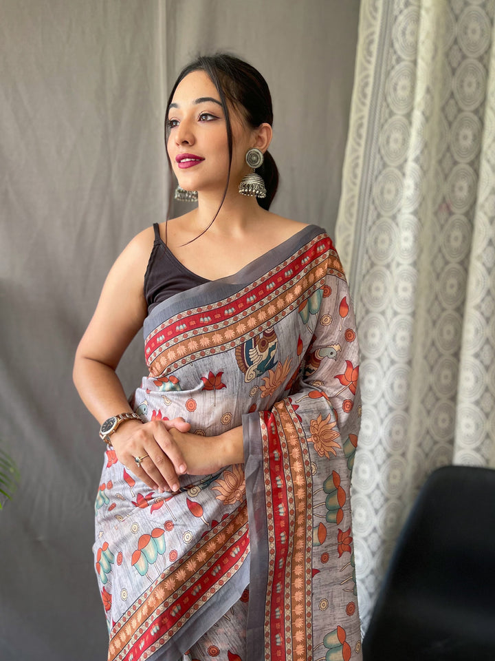 Elegant Kalamkari Pure Malai Cotton Gray Saree