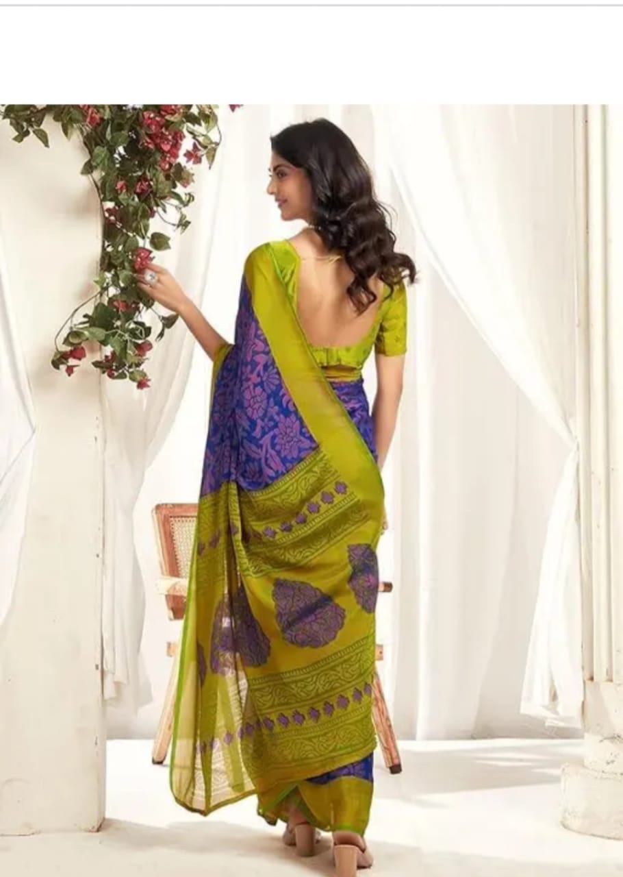 Chiffon Dark Blue & Light Green Saree