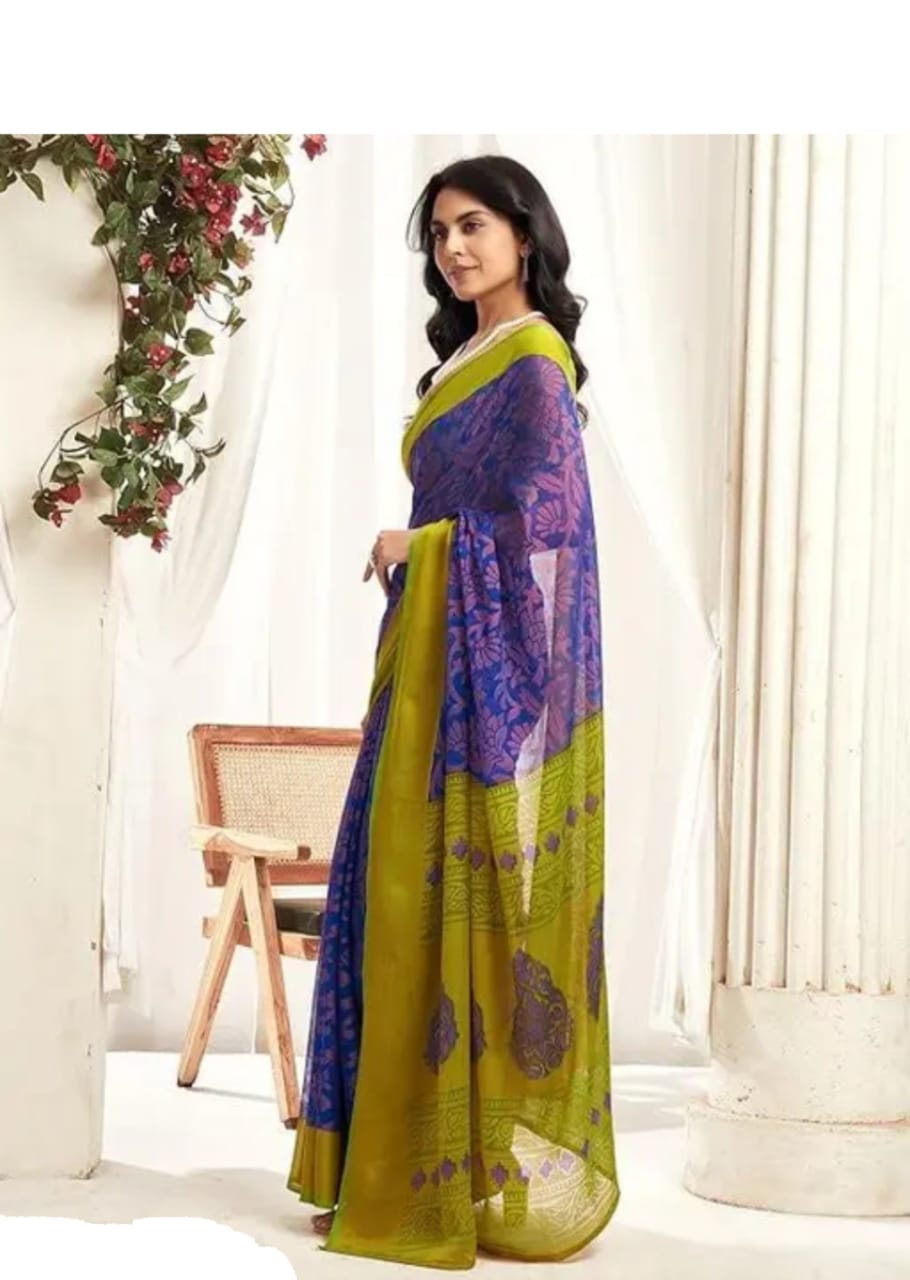 Chiffon Dark Blue & Light Green Saree