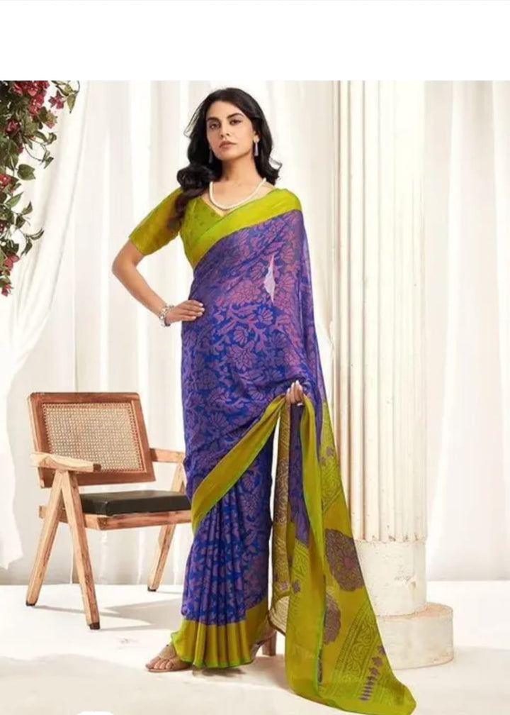 Chiffon Dark Blue & Light Green Saree