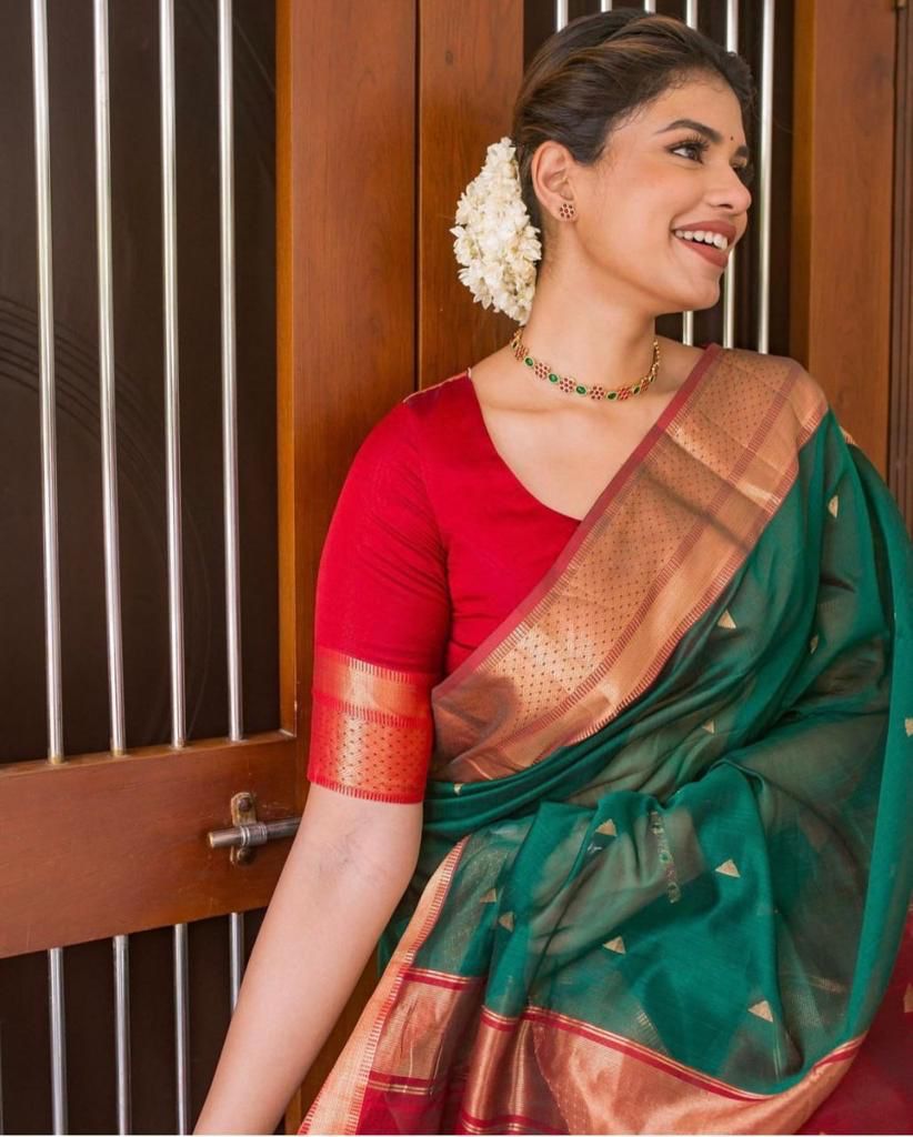 Dark Green & Red Soft Lichi Silk Saree