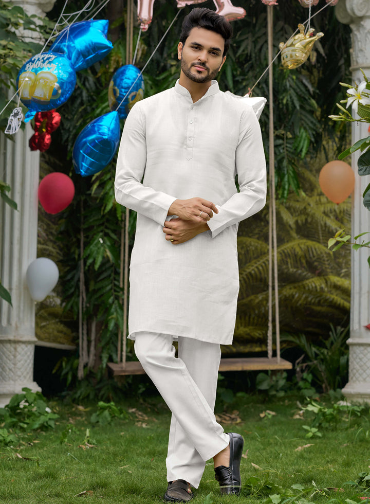 Royal Men Linen Cotton White Kurta pyjama