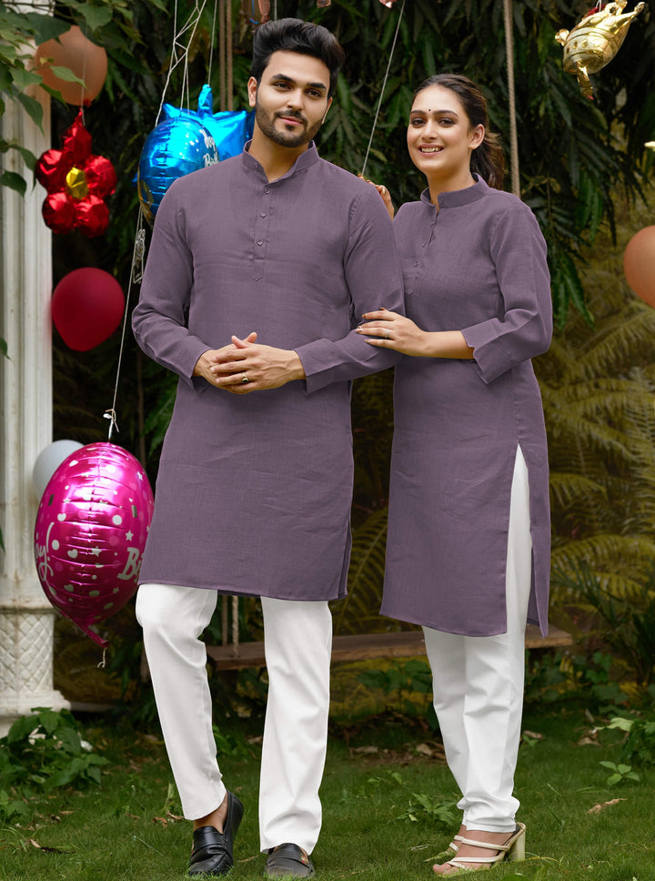 Linan Cotton Kurti and Kurta Diamond Purple Couple Dress