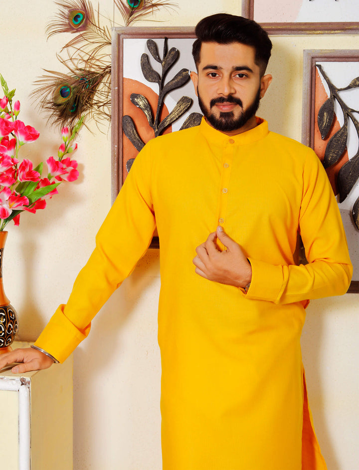 Gallant Haldi Yellow Men Cotton Kurta Pyjama