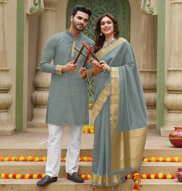 Cutie Grey Couple Matching Dress Orgenza silk Saree & Kurta