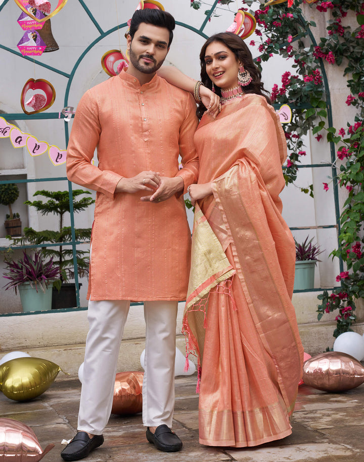 Sumitra Gold Peach Couple Set Saree and Kurta