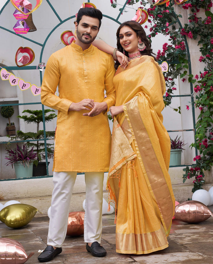 Sumitra Gold Yellow Couple Set Saree and Kurta