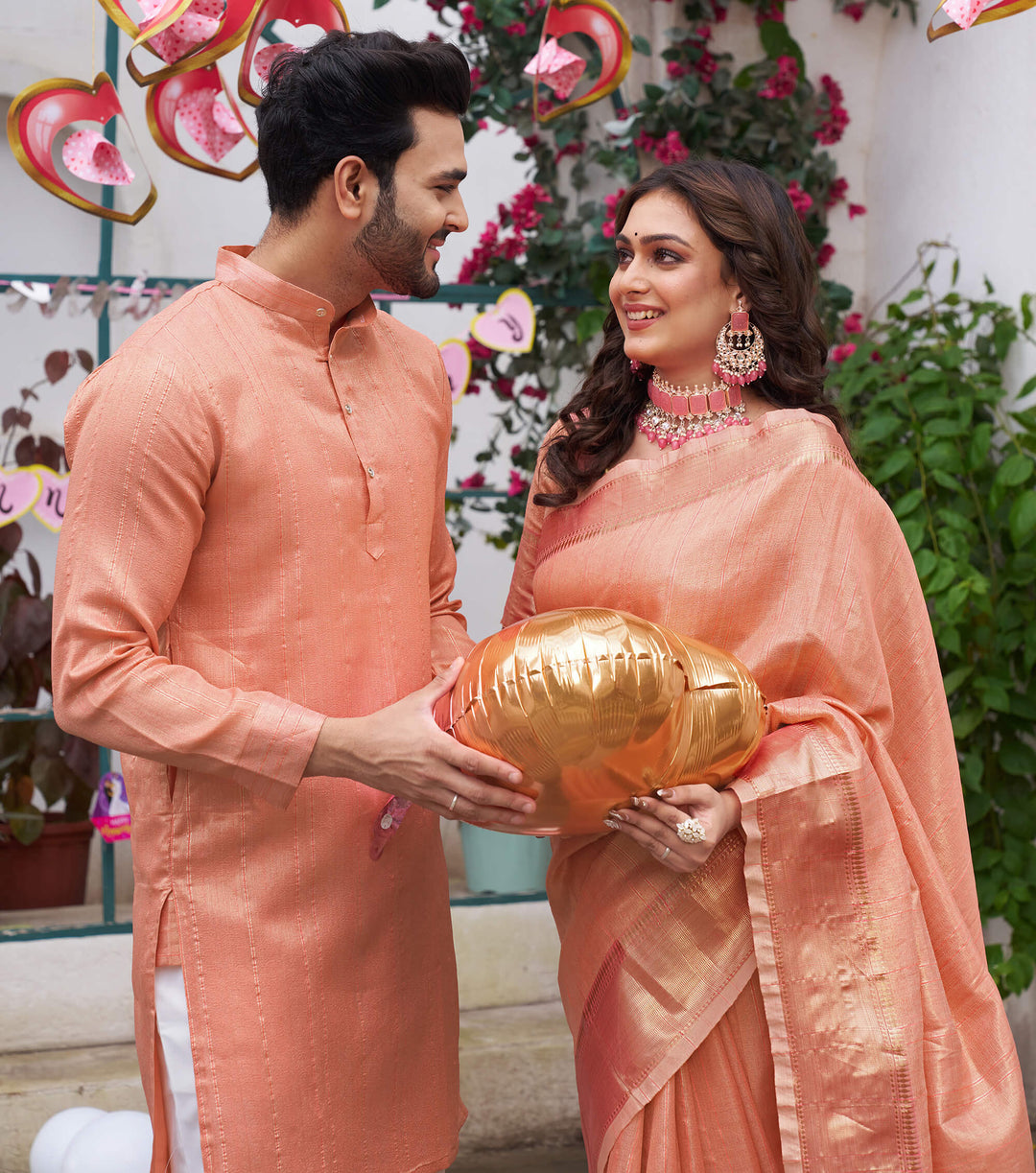 Sumitra Gold Peach Couple Set Saree and Kurta