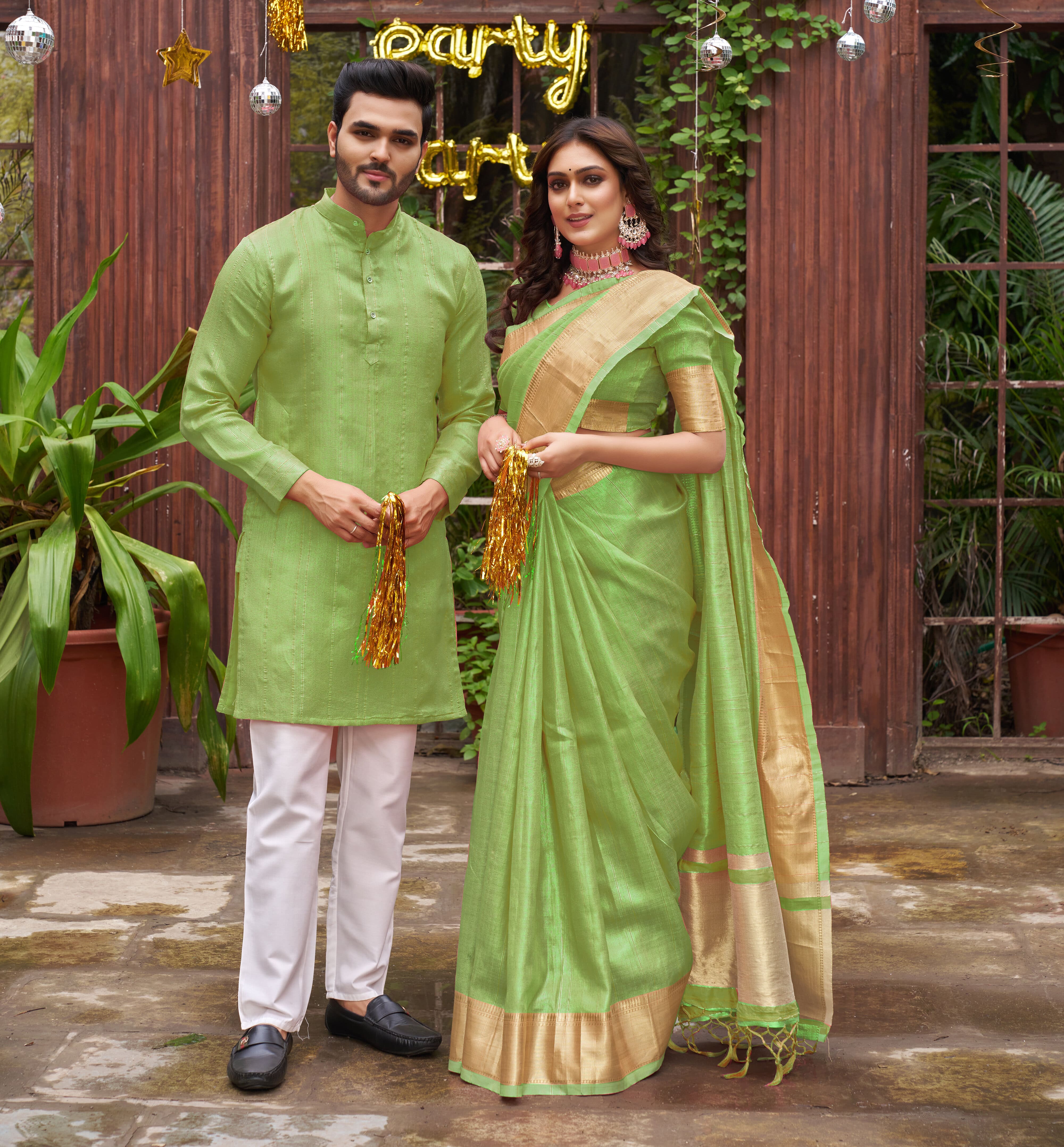 Gamble Green - Handloom Pure Cotton Saree-Kurta Couple Set | Dheu