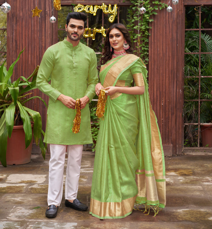 Sumitra Gold Green Couple Set Saree and Kurta