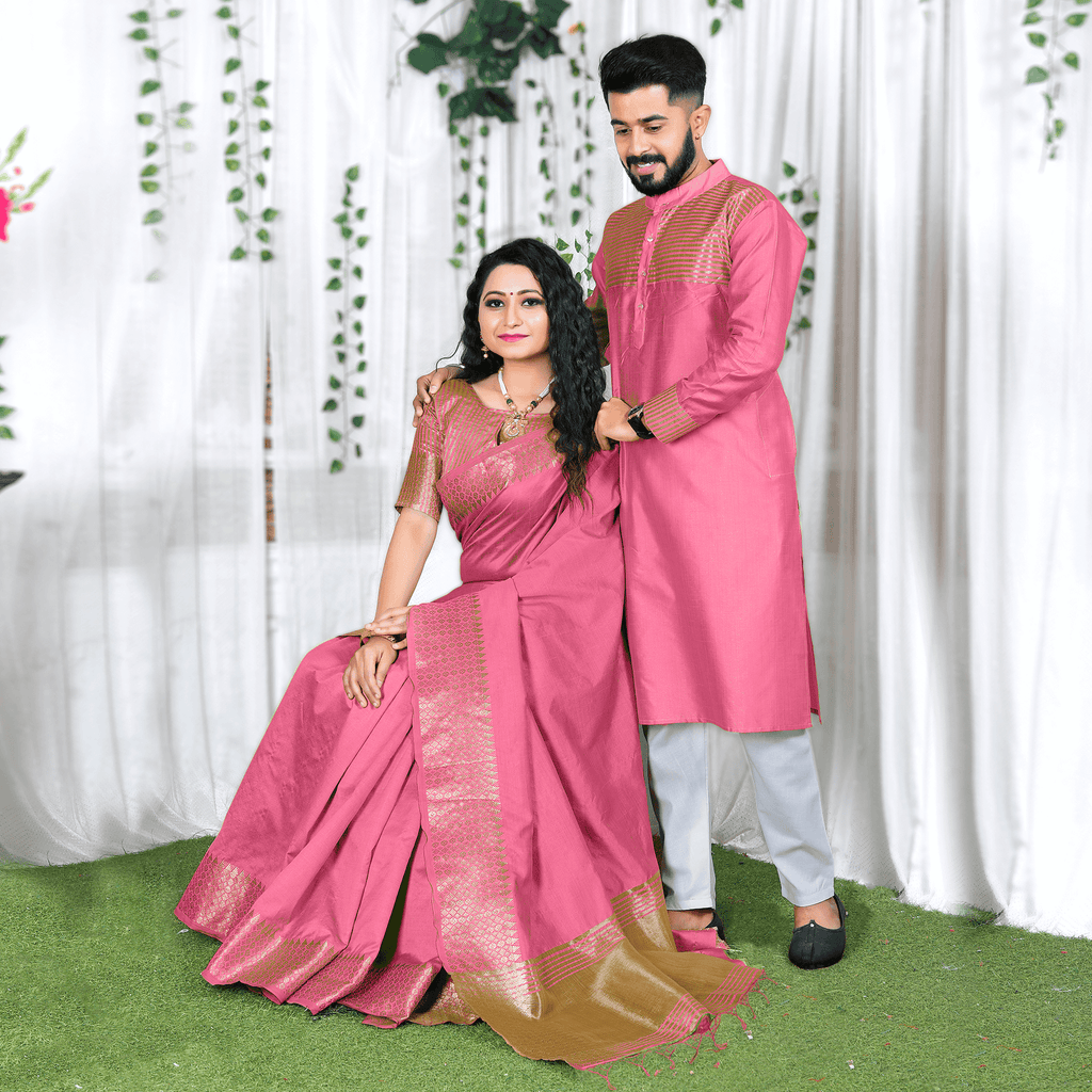 Lisa Reception Lush Pink Gold Paat Silk Mekhela Sador – Sereki.in